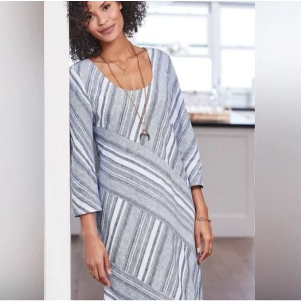 Soft Surroundings Womens Plus 2X Sonya Linen Tunic Dress Linen Blend Blue White